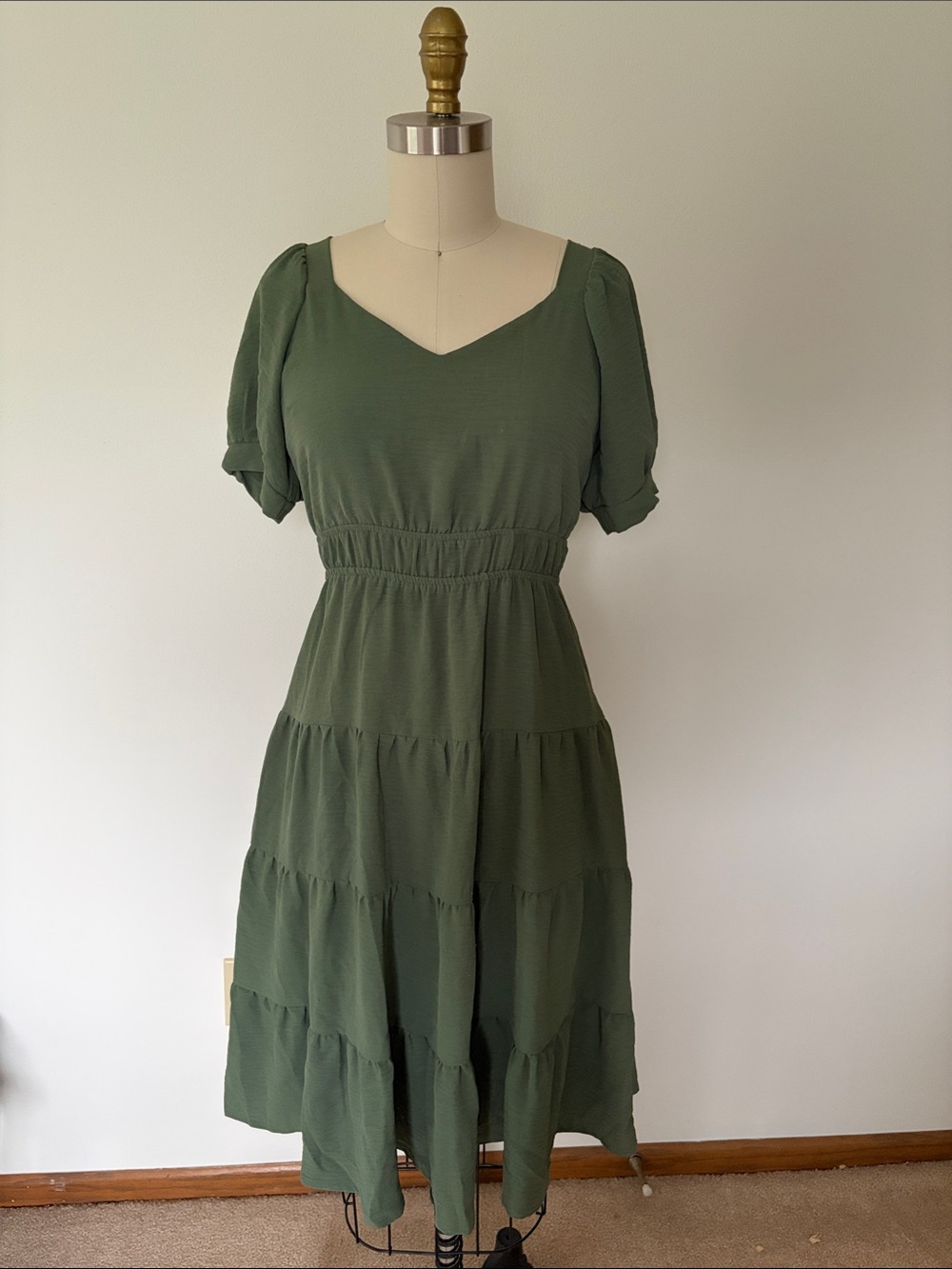 Tiered V-Neck Midi Dress in Olive Green
